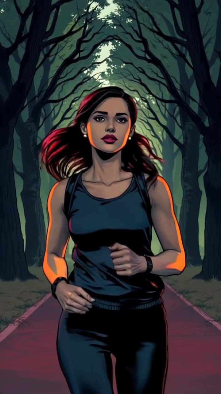 Subject: You jogging along a tree-lined path, exuding focus and serenity. Subject movement: Jogging steadily, with a rhythmic stride and a peaceful expression. Scene: A tranquil park path surrounded by lush trees, dappled sunlight filtering through the leaves. Style: Soft, natural lighting creating an inviting and calming atmosphere. Motion: Push in as you jog, slowly tracking from behind to capture the landscape and the stillness of the environment, emphasizing the soothing ambiance of your surroundings.