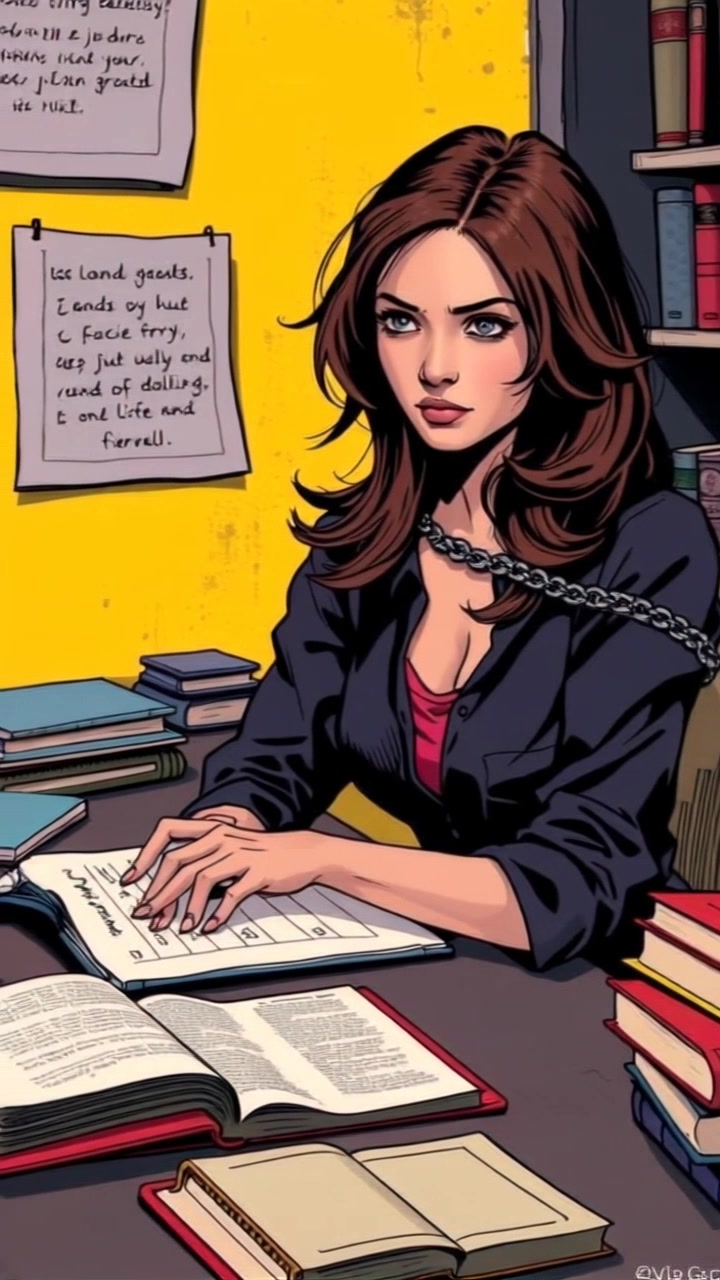 Scene: A young woman sitting at a desk cluttered with books and a notepad, lost in deep thought, surrounded by soft ambient light filtering through a nearby window. Motion: The camera moves in slowly to capture her focused expression, then transitions into a close-up of the notepad filled with handwritten notes. Atmosphere: Warm and contemplative, creating an inviting space for creativity and reflection.