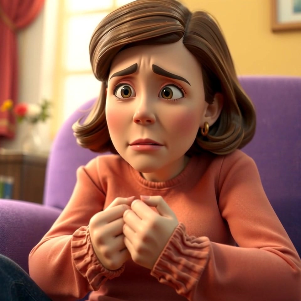 Scene: A close-up shot of hands tightly clasped in a lap, conveying tension and anxiety in a dimly lit environment. Style: Soft, ambient lighting creates a subdued atmosphere with shadows deepening the sense of unease. Motion: The camera slowly pushes in on the hands, intensifying the focus and emotional weight of the moment.
