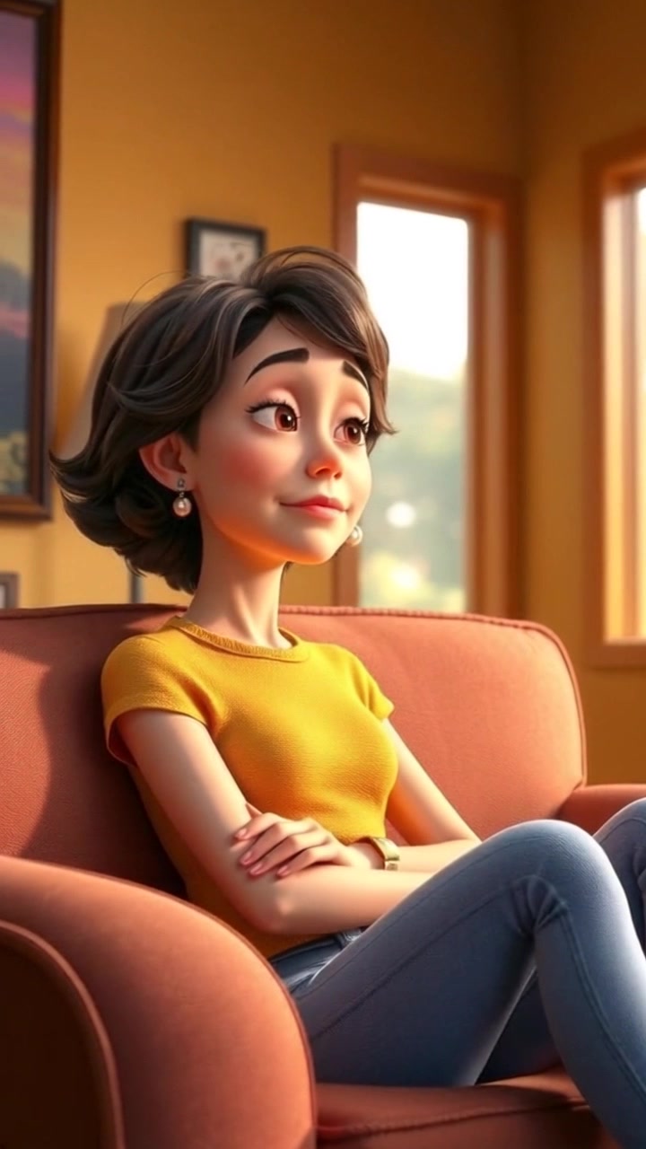 Scene: A cozy living room with a plush couch and a large window allowing soft natural light to flow in. Subject: A woman sits alone on the couch, gazing thoughtfully out the window, capturing a moment of introspection. Motion: The camera pushes in slowly towards her, highlighting her contemplative expression while the sunlight creates a warm atmosphere throughout the room.