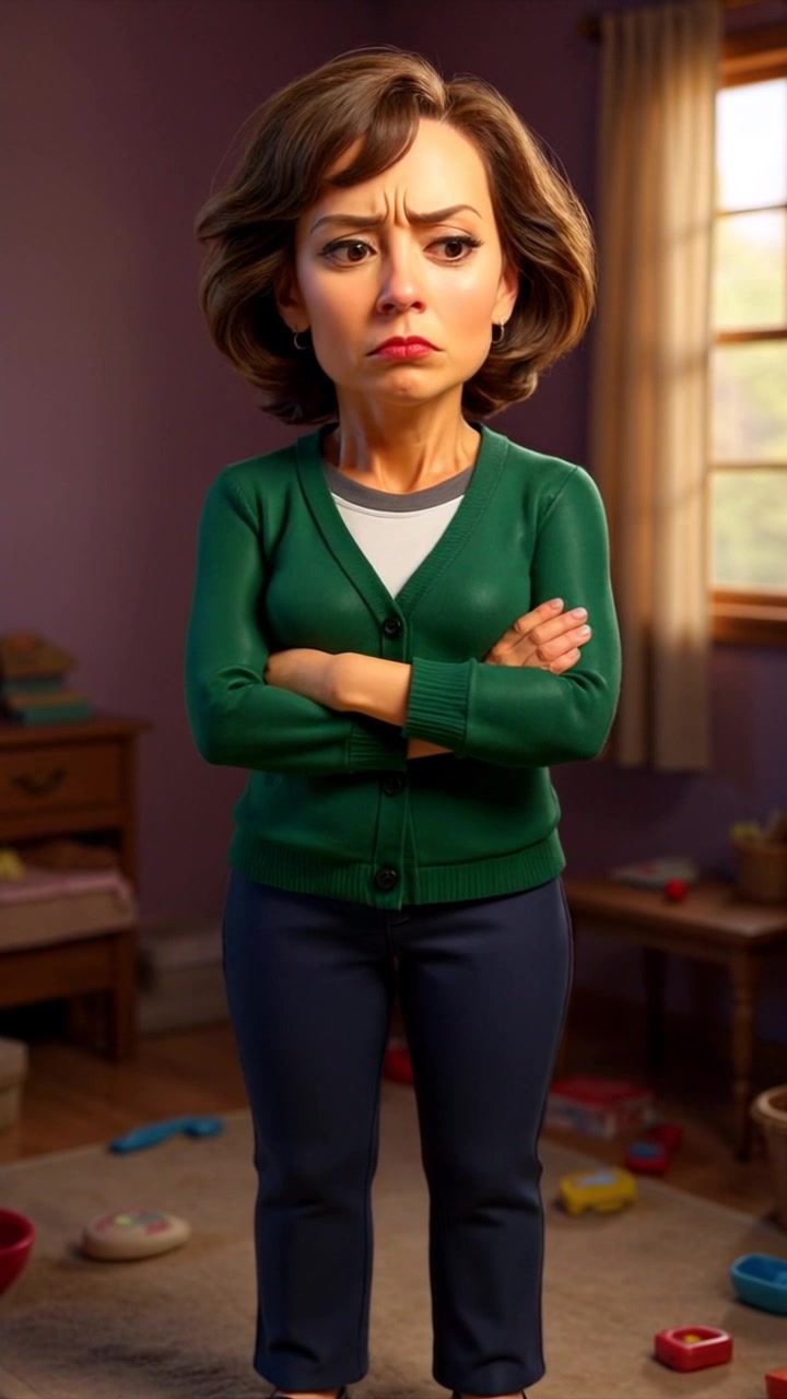 Subject: A woman standing in a messy living room, arms crossed, frowning. Subject movement: The woman shifts her weight from one foot to the other, her expression intensifies as she glances around the cluttered space. Scene: A chaotic living room filled with scattered items and disarray, showcasing a sense of neglect. Style: Soft, ambient lighting filtering through a window, creating a warm yet tense atmosphere. Motion: Camera slowly pushes in towards the subject, capturing the frustration in her expression as the surrounding chaos comes into sharper focus.
