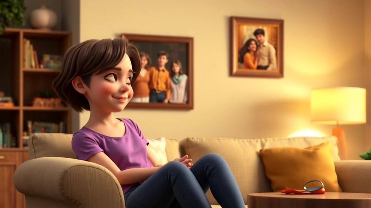 Scene: A cozy and warm living room with soft lighting and inviting decor, featuring a comfortable couch and a family photo prominently displayed on the wall. Style: Ambient lighting highlights the gentle textures of the room, creating a homely atmosphere. Motion: The camera begins with a close-up of the family photo, then gradually pulls back to reveal Susan sitting on the couch, gazing thoughtfully at the picture, her expression reflecting nostalgia as the shot softly transitions in focus.