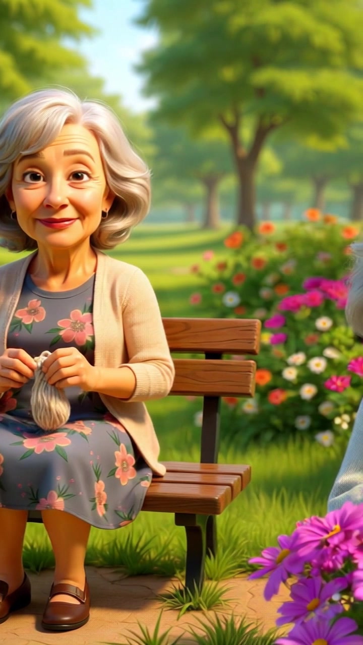 Subject: A woman seated peacefully on a wooden bench. Scene: Enveloped in a vibrant park, surrounded by blooming flowers in full color. Style: Bright, cheerful lighting under a clear blue sky, emphasizing the freshness of the flowers. Motion: The camera begins with a close-up of the flowers swaying gently in the breeze, then pans to reveal the woman relaxing on the bench, capturing the essence of a serene park moment.