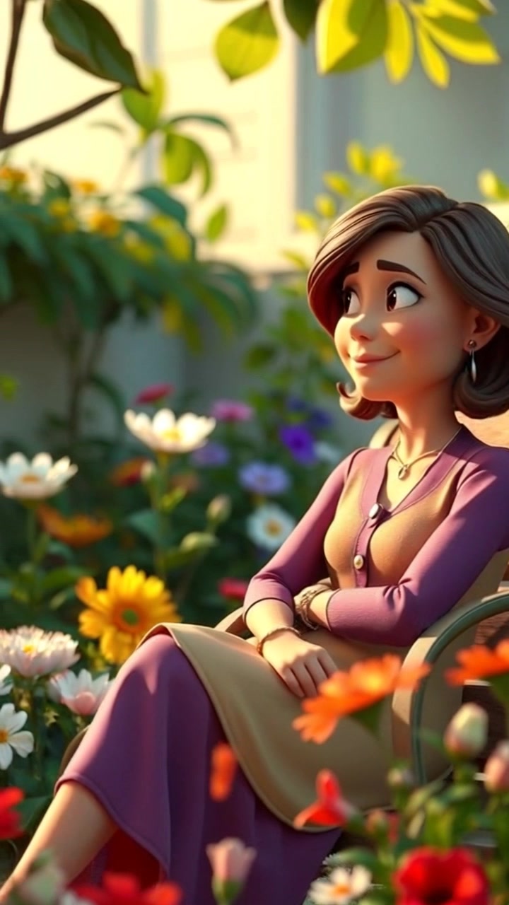 Subject: A woman sitting on a bench in a garden, looking contemplative among blooming flowers. Scene: A serene garden setting filled with vibrant flowers and lush greenery, creating a peaceful atmosphere. Style: Soft, morning light filters through the branches, illuminating the scene with a warm glow. Motion: The camera slowly pans around the garden, capturing the tranquility of the surroundings, while subtly zooming in on the woman's reflective expression.