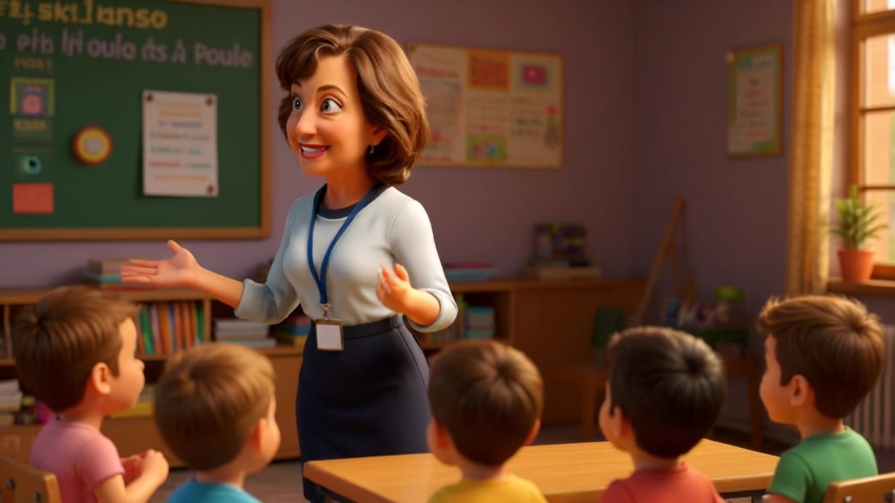 Subject: A teacher engaging with her class. Subject movement: She gestures animatedly while asking a question, drawing the attention of her students. Scene: A vibrant classroom filled with eager students and colorful educational materials. Style: Bright ambient lighting fills the room, creating an inviting atmosphere. Motion: The camera pans smoothly across the classroom, capturing the dynamic interaction between the teacher and her students.