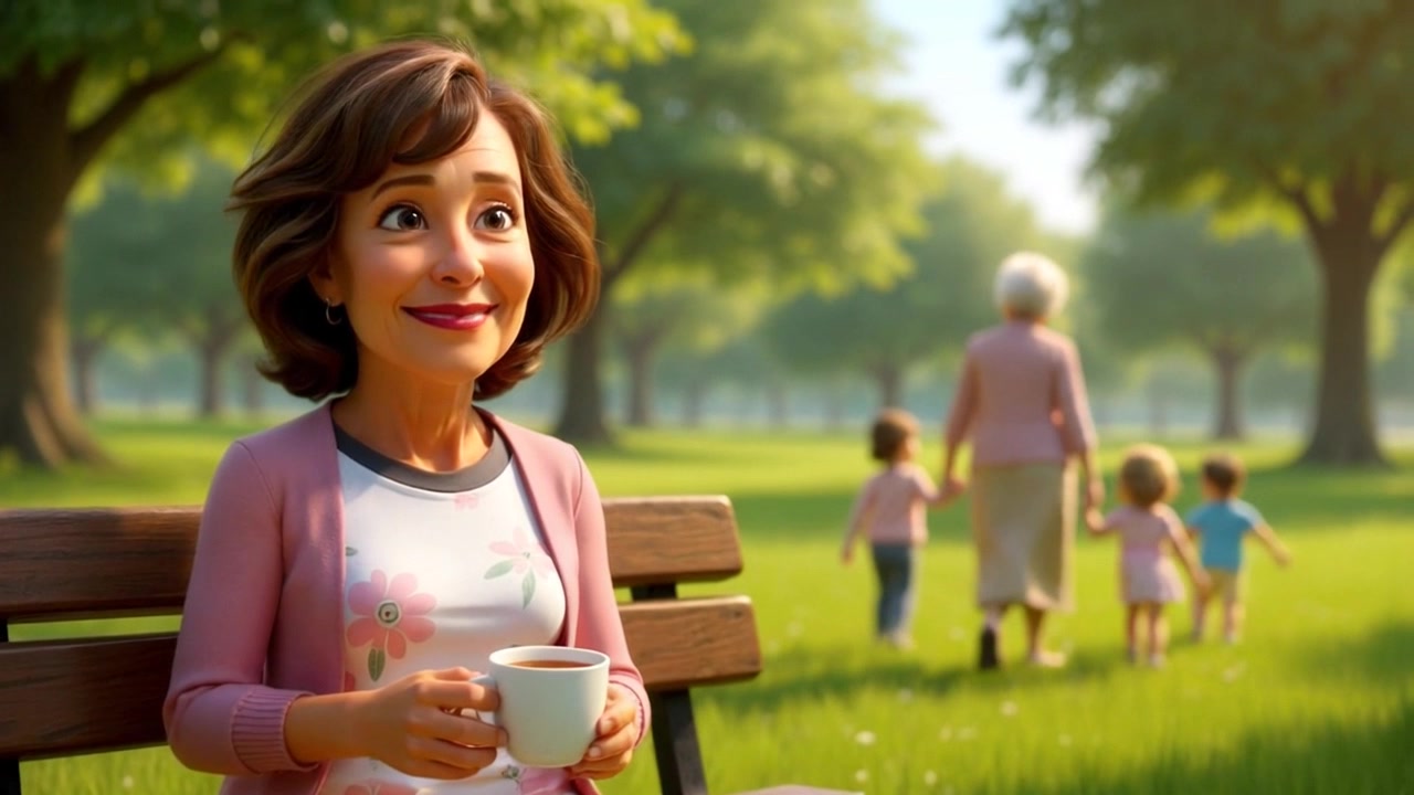 Scene: A serene park setting on a sunny day, where a middle-aged woman in a pink cardigan sits on a bench, smiling warmly while holding a cup. Atmosphere: Inviting and cheerful, embodying the joy of a beautiful afternoon. Motion: The camera gently pushes in towards the woman, capturing her joyful expression, while in the background, an elderly woman walks hand-in-hand with three children, creating a lively and heartwarming backdrop.