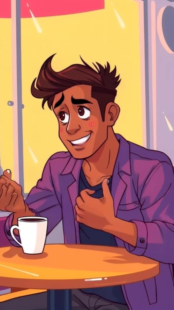 Subject: A young individual sitting at a café table, holding a cup of coffee, speaking enthusiastically with a smile. Subject movement: They gesture animatedly while talking, leaning slightly forward in an engaging manner. Scene: Cozy outdoor café setting with sunny weather, lush greenery in the background, and vibrant storefronts nearby. Style: Bright, natural light enhances the scene’s warmth and inviting atmosphere. Motion: Camera zooms in gently from a medium shot to a close-up of the individual, capturing their expressions and gestures as the bustling café activity surrounds them.
