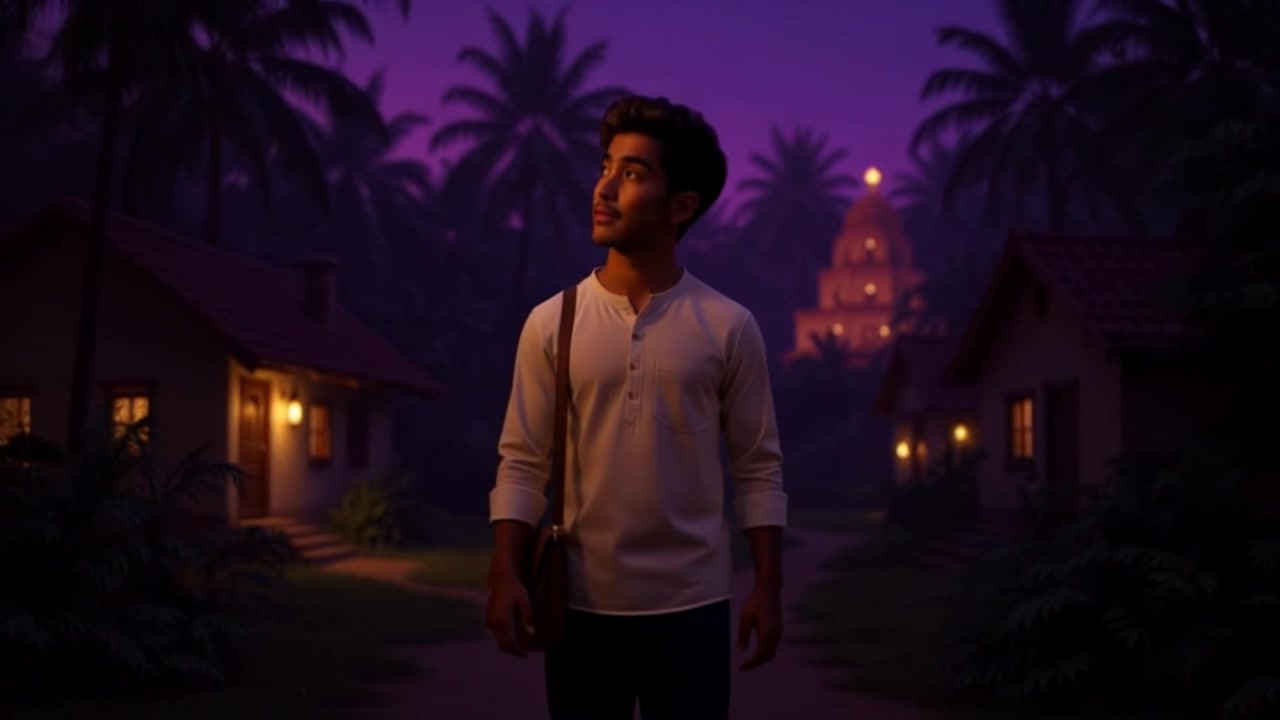 Subject: A person walking through a quaint village. Subject movement: The individual strolls leisurely along a pathway, passing by traditional houses and vibrant greenery. Scene: A picturesque village filled with charming architecture and lush vegetation. Style: Soft, ambient light illuminating the scene with a warm, inviting feel. Motion: Camera follows the subject with a smooth tracking shot, maintaining a close but unobtrusive distance as they navigate the pathway, capturing the quaintness of the village atmosphere.