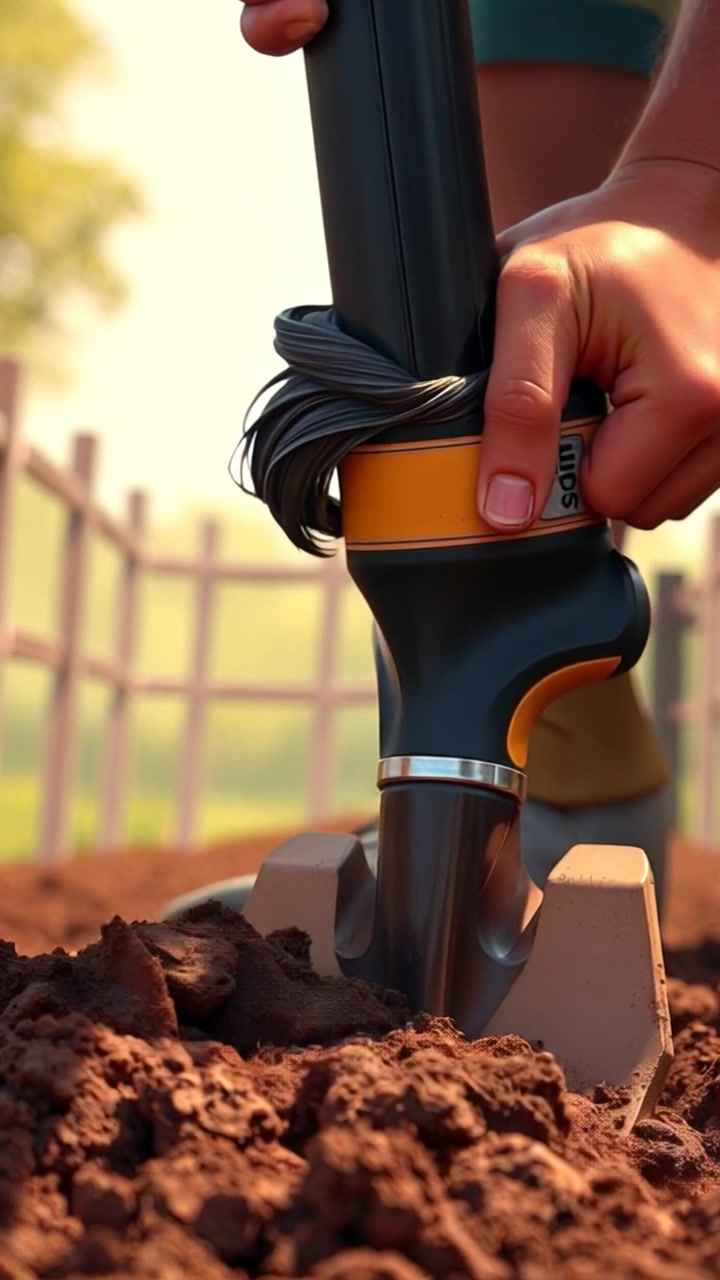 Subject: Hands gripping a shovel, digging determinedly into rich soil. Subject movement: The hands push the shovel down into the earth with focused energy, lifting a mound of soil upwards. Scene: Close-up of strong hands in a vibrant garden setting, surrounded by lush plants and fertile soil. Style: Bright, natural daylight emphasizing the texture of the dirt and the strength in the hands. Motion: Camera slowly zooms in on the action, capturing the intensity of the moment as soil flies and sunlight filters through leaves overhead, creating an inviting atmosphere of hard work and connection with nature.