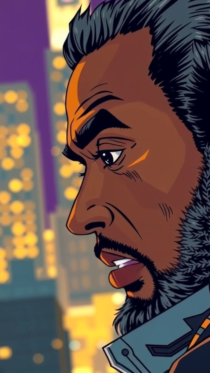 Subject: A focused individual speaking with determination. Scene: The backdrop features shimmering city lights at night, creating a vibrant atmosphere. Style: Soft ambient lighting enhanced by the glimmering urban landscape. Motion: The camera pushes in slowly for a close-up of the subject's intense expression, capturing the juxtaposition between his resolve and the lively city behind him.