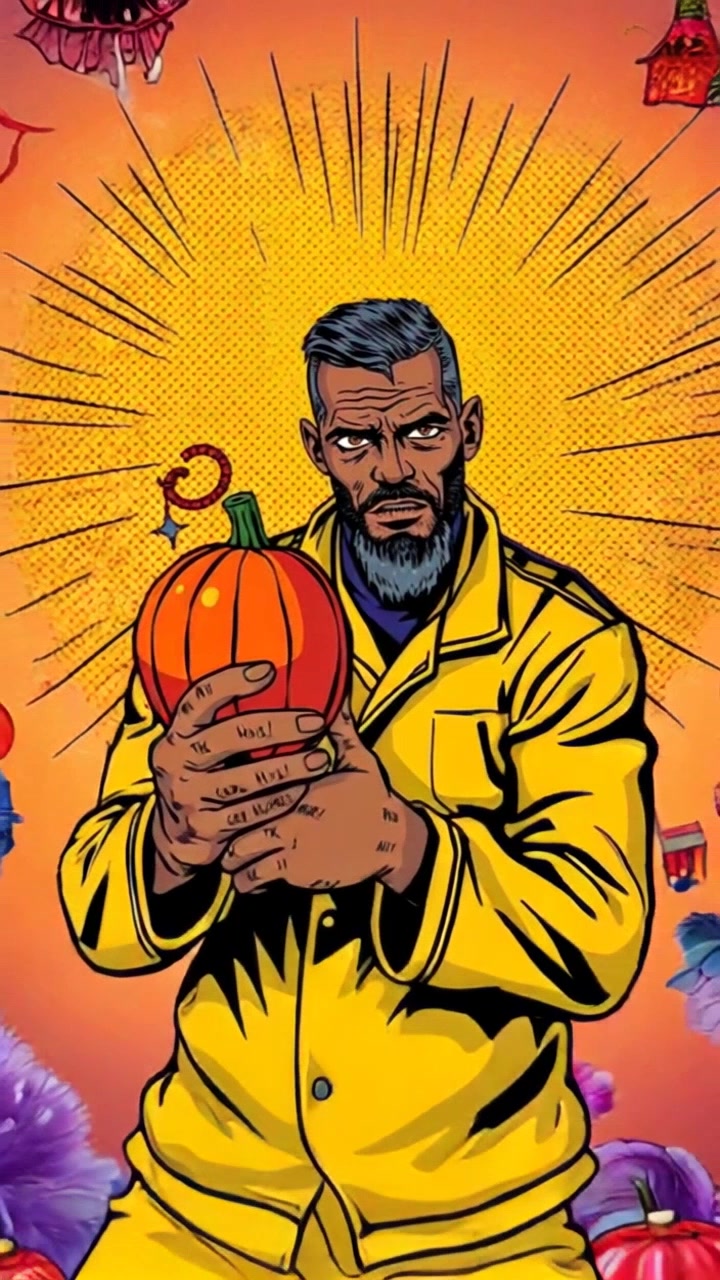 Subject: A playful figure holding a pumpkin bomb, exuding a mischievous vibe. Subject Movement: The figure bounces on their heels, ready to throw the bomb. Scene: A vibrant, whimsical backdrop filled with colorful decorations and spooky elements, creating a festive atmosphere. Lighting: Soft, ambient light with a slight orange hue reflecting the festive theme. Motion: The camera smoothly pushes in towards the figure, capturing their playful expression and the details of the pumpkin bomb as they prepare to unleash their cheeky mischief.
