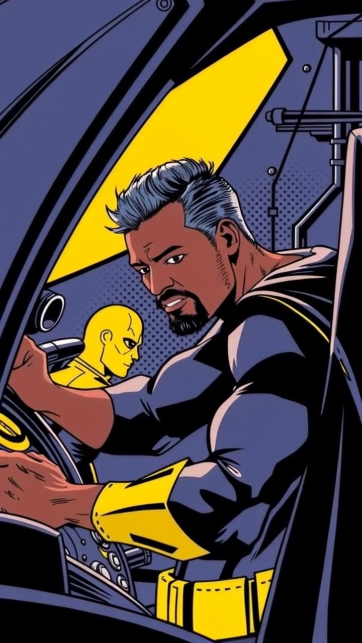Subject: A determined figure adjusting controls. Subject movement: The figure leans forward, intently focusing on the control panel. Scene: Inside the Batcave, surrounded by advanced technology and the sleek silhouette of the Batmobile. Style: Dimly lit ambiance with sharp, focused highlights illuminating the console and the Batmobile's sleek features. Motion: Handheld camera tracking in close as the figure makes adjustments, capturing the intricate details of their movements.