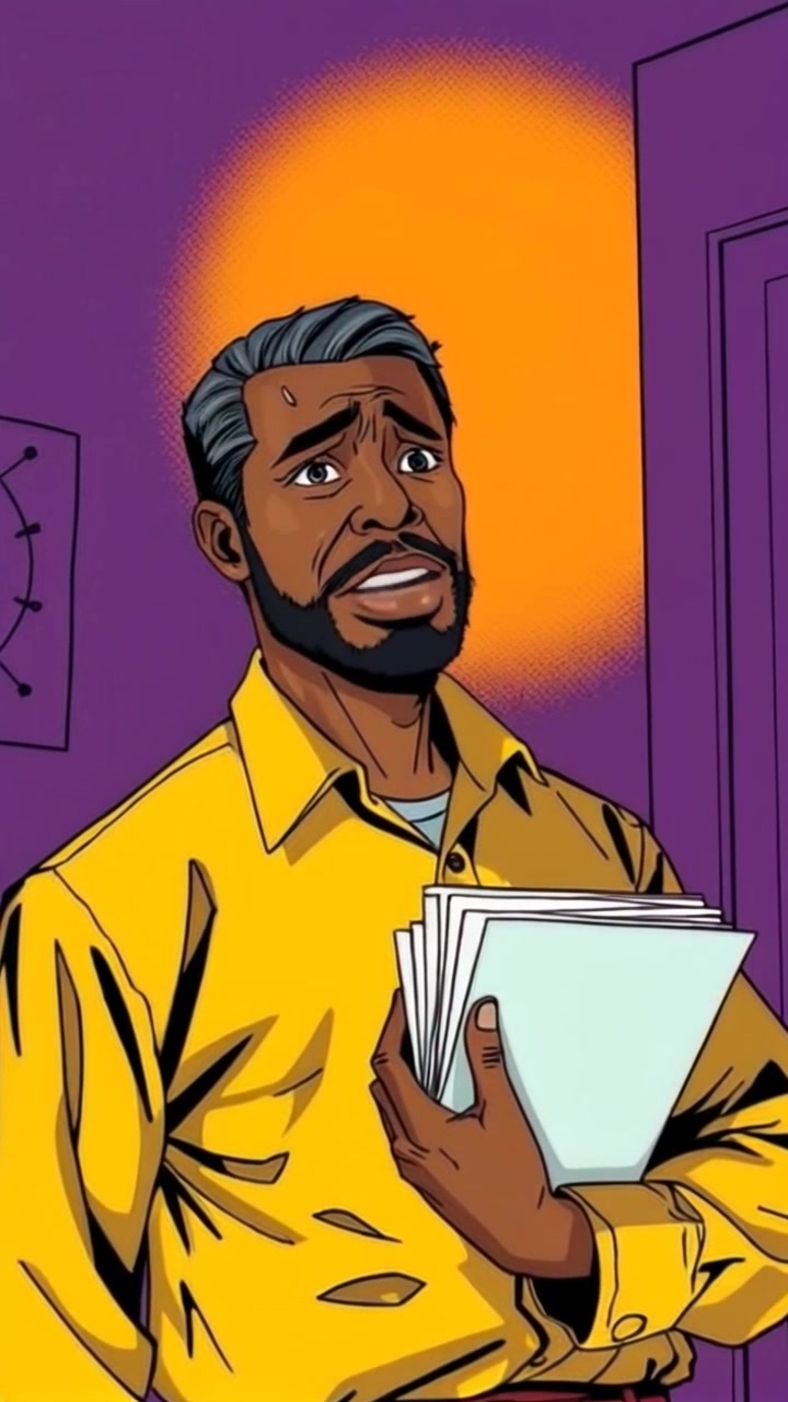 Subject: A person standing in a dimly-lit room, looking worried while gripping a stack of papers. Subject movement: The person shifts slightly, glancing around anxiously as they breathe deeply. Scene: A shadowy, cluttered room illuminated by a single hanging light bulb, casting harsh shadows that enhance the tension. Style: Low light with a moody atmosphere, emphasizing the seriousness of the moment. Motion: The camera gently moves in closer, focusing on the person's expression, capturing a tight-close-up that highlights their concern.