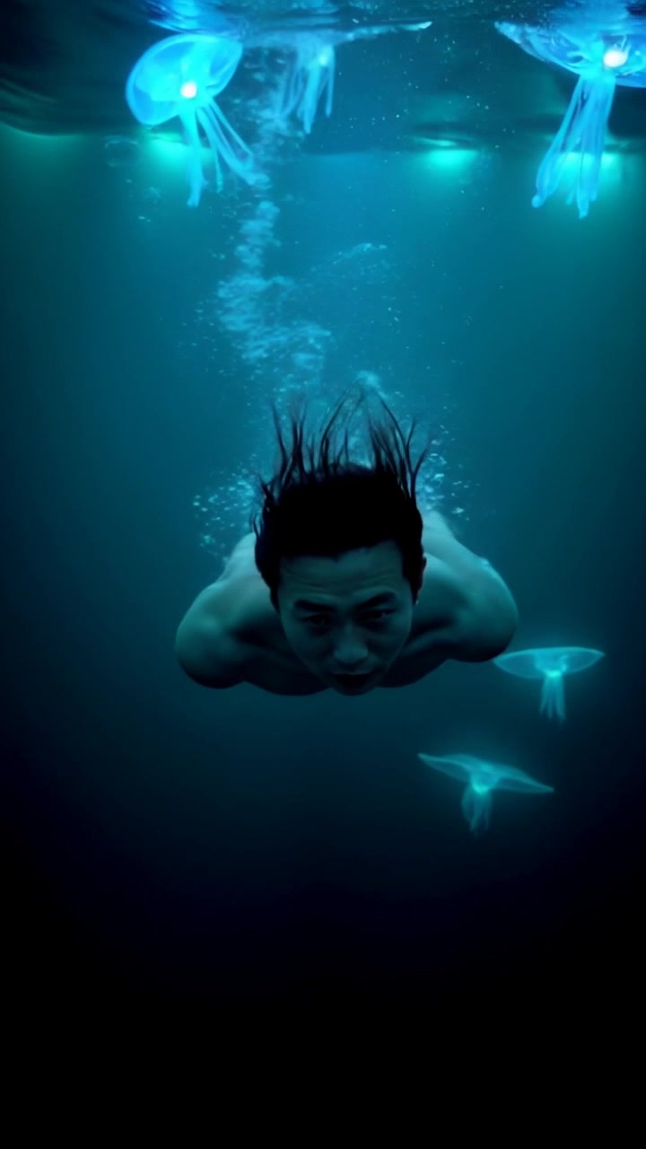 Subject: A swimmer ascends dramatically toward the surface, surrounded by bubbles. Subject movement: Hiro kicks strongly, propelling himself upward with urgency. Scene: An immersive underwater environment filled with shimmering light filtering through the water surface above. Style: Ethereal lighting enhances the feeling of depth and fluidity, creating an atmosphere of tension and urgency. Motion: The camera follows Hiro with a smooth, upward tracking shot, capturing the swirling bubbles and rippling waves around him as he breaks through the surface.