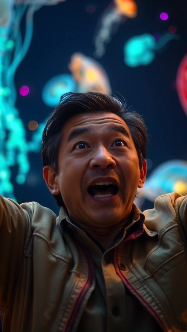 Subject: A person expressing amazement with hands thrown up. Subject Movement: The individual reacts with exaggerated enthusiasm, positioning their hands high and leaning slightly back as if surprised. Scene: A vibrant urban environment, with colorful street art and bustling pedestrians in the background. Style: Bright, afternoon sunlight illuminating the scene, creating a lively atmosphere. Motion: The camera pushes in dynamically towards the subject's expressive face, capturing the joy and excitement, then pulls back to reveal the surrounding street art and exuberant crowd.