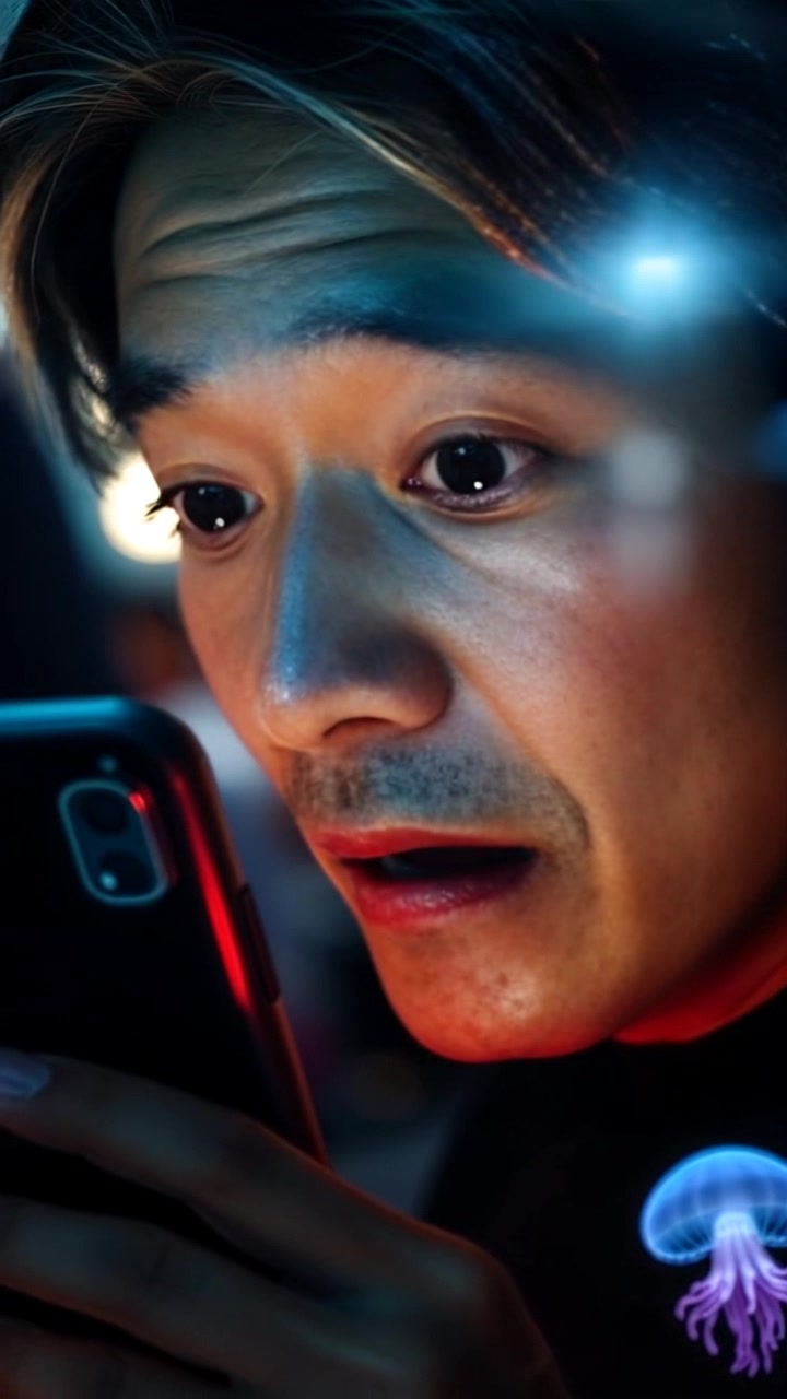Subject: A person with a shocked expression, intently focused on their phone. Scene: Close-up of the person's face in a modern, brightly lit café, patrons blurred in the background. Style: Bright, natural lighting creating a lively atmosphere. Motion: Camera slowly zooms in to capture the person's astonished expression, as they react to unexpected news.