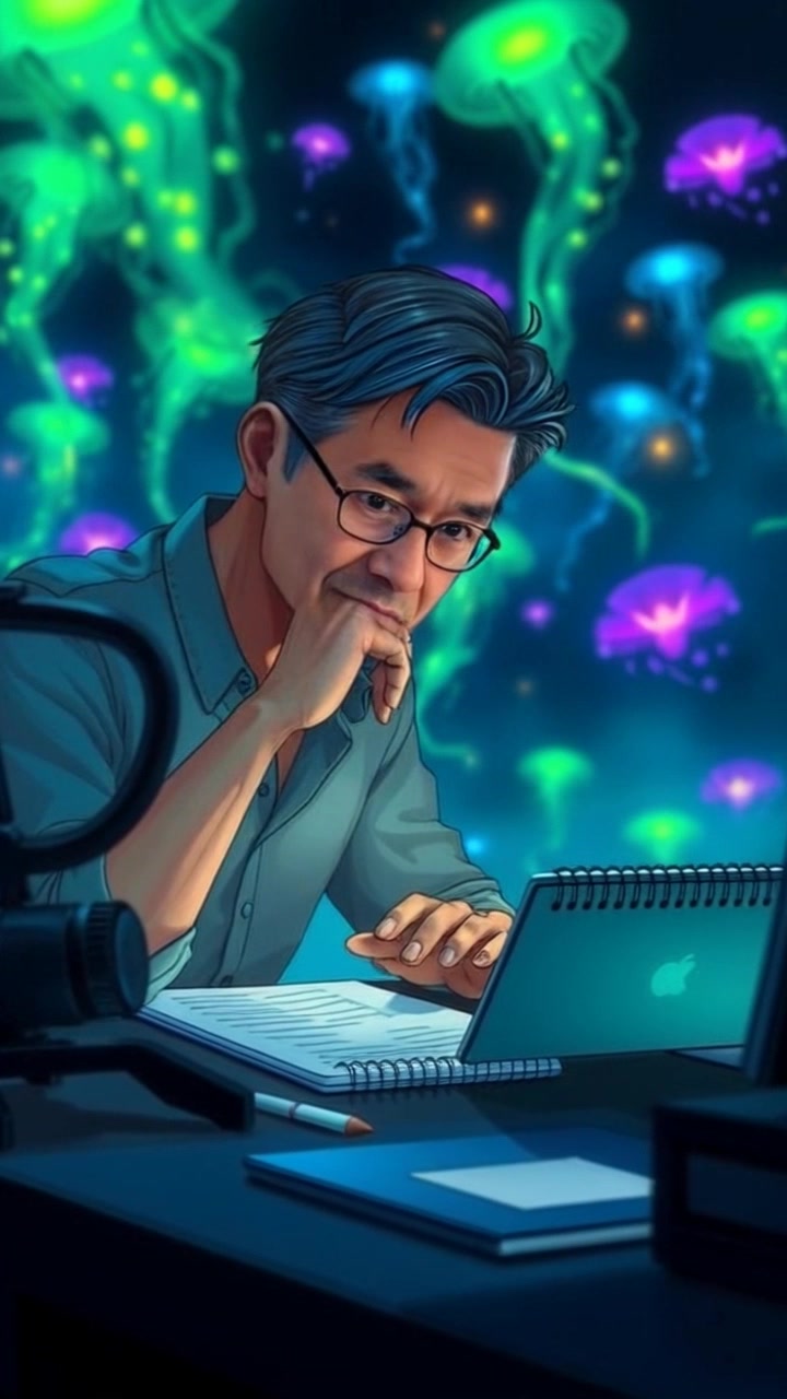 Scene: A cozy study room where a young person named Hiro is seated at a desk, pensively gazing at a notepad filled with notes and ideas. Style: Soft, ambient lighting creating a warm and inviting atmosphere, with subtle shadows enhancing the depth of the room. Motion: The camera slowly zooms in on Hiro's thoughtful expression as he jots down notes, capturing the moment of inspiration.