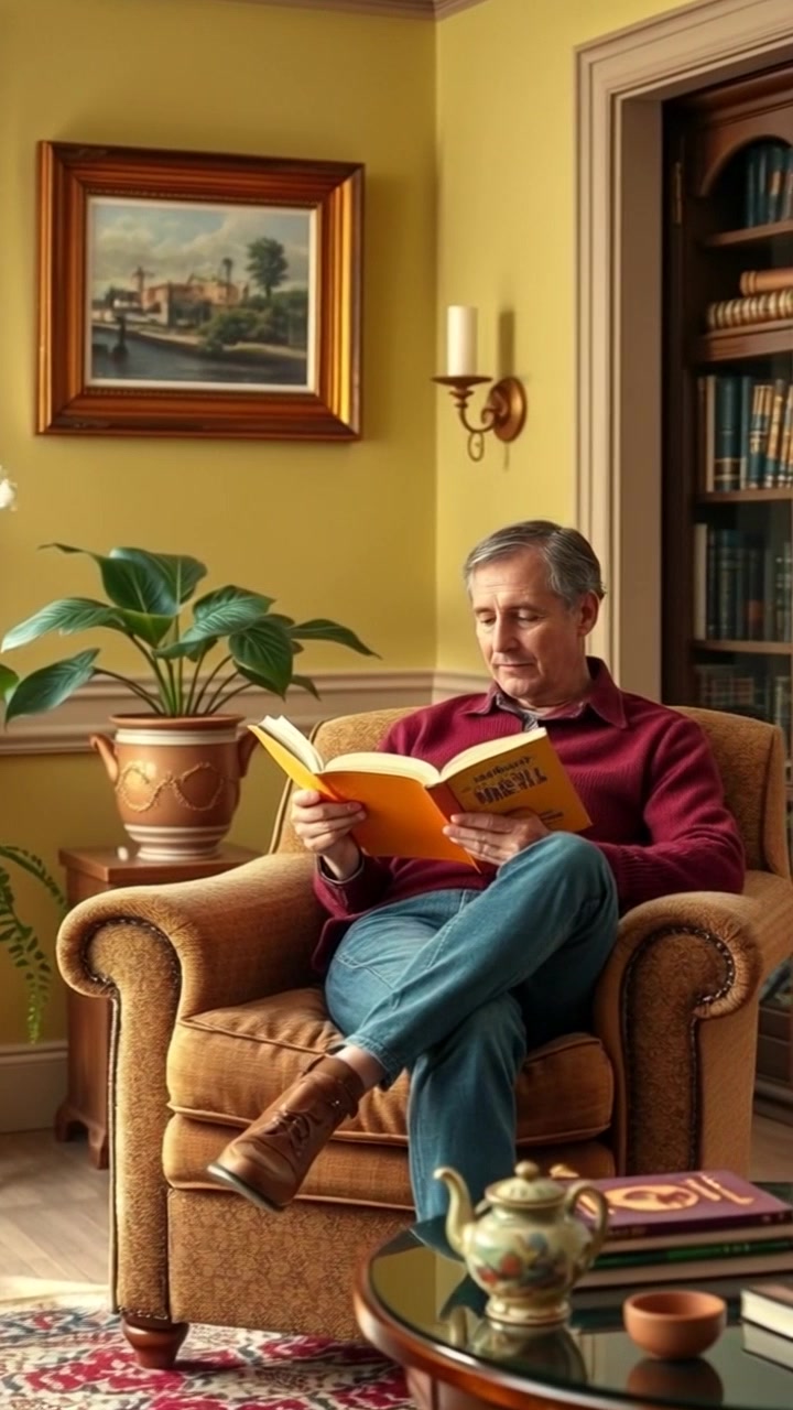 Scene: A cozy living room, with soft lighting illuminating a comfortable armchair where an individual sits engrossed in a book. Style: Warm, inviting ambient light casts gentle shadows, creating a tranquil atmosphere. Motion: The camera slowly pushes in on the individual, capturing the serenity of the moment, focusing on the book's pages as they turn gently.