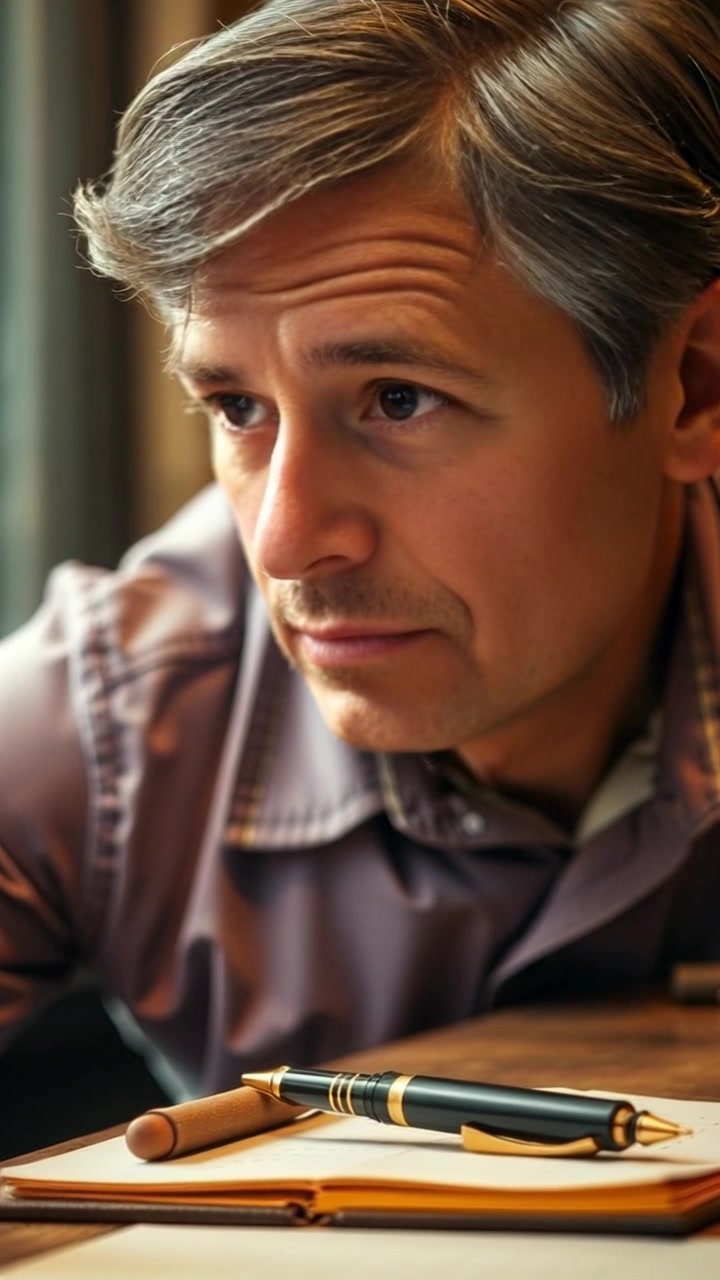 Scene: A close-up of a thoughtful face set against a softly lit backdrop, with a notebook and pen resting on a wooden table. Style: Gentle, ambient lighting creates a soft glow around the subject, enhancing the mood of contemplation. Motion: The camera slowly pushes in on the face, capturing subtle expressions, while a light breeze causes the notebook pages to flutter slightly.