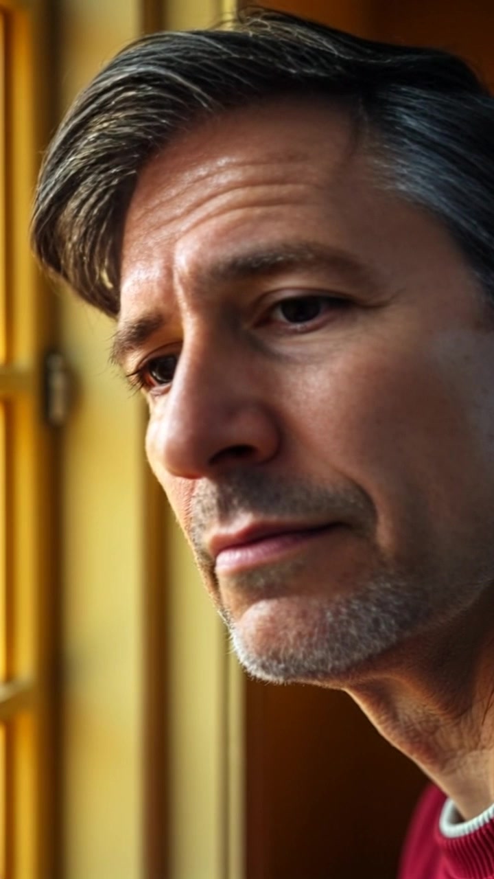 Scene: A close-up of a person’s concerned face seen through a window, with raindrops trickling down the glass in the foreground, subtly blurring the world outside. Style: Soft, diffused light creating a melancholic mood, shadows playing across the face. Motion: Camera pushes in slowly to enhance the emotional intensity, accentuating the thoughtful expression as the rain continues to fall.