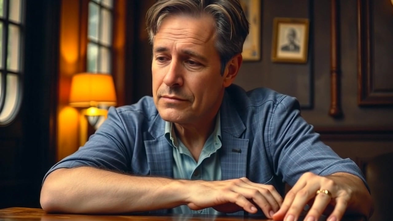 Scene: A dimly lit, cozy room featuring a wooden table where Mark sits, his thoughtful expression illuminated gently by ambient light. Style: The warm, subdued lighting creates a contemplative atmosphere, enhancing the intimacy of the setting. Motion: The camera slowly pushes in on Mark's face, capturing the nuances of his expression as he gazes down at a notebook, lost in thought.