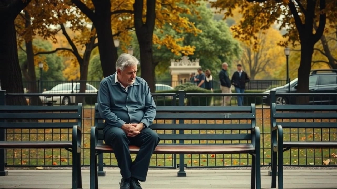 Scene: A serene park with lush greenery and a solitary bench in focus. Style: Soft, ambient afternoon light filtering through the trees, creating gentle shadows on the ground. Motion: The camera slowly pushes in towards the bench, capturing the stillness of the scene, as leaves sway gently in the breeze.