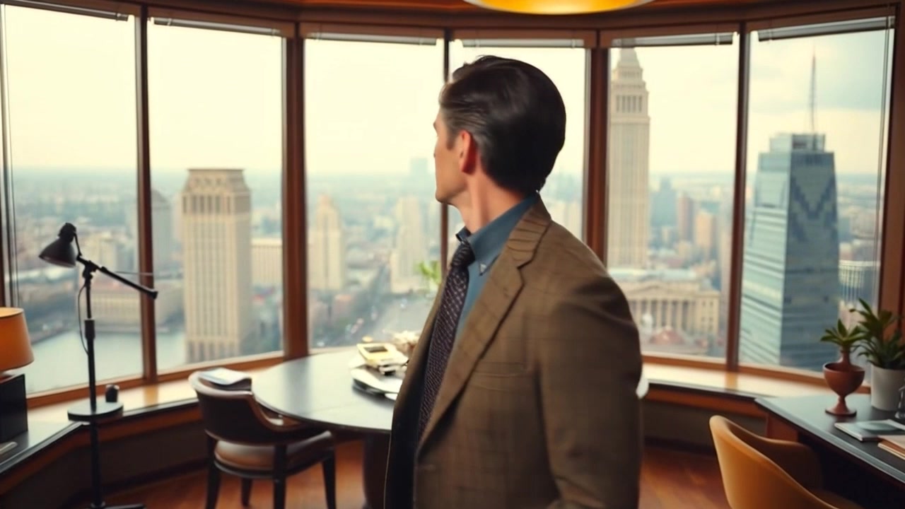Subject: A confident figure standing in a grand office. Subject movement: The figure shifts slightly, adjusting posture and gazing out the windows. Scene: A luxurious office with large windows showcasing a bustling city skyline in the background, filled with towering buildings and busy streets. Style: Morning light floods through the windows, creating an inviting atmosphere with soft shadows. Motion: The camera slowly pushes in, capturing the figure's contemplative expression while gradually revealing the vibrant cityscape beyond, emphasizing the contrast between the serene indoor space and the lively urban environment.
