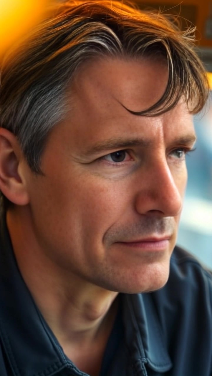 Subject: A person displaying deep concentration and focus. Scene: Close-up of a face turned towards the horizon, with a softly blurred background that hints at a serene landscape. Style: Soft ambient lighting softly illuminating the features, creating a contemplative mood. Motion: The camera slowly pushes in on the subject's face, capturing subtle shifts in expression as they gaze thoughtfully into the distance.