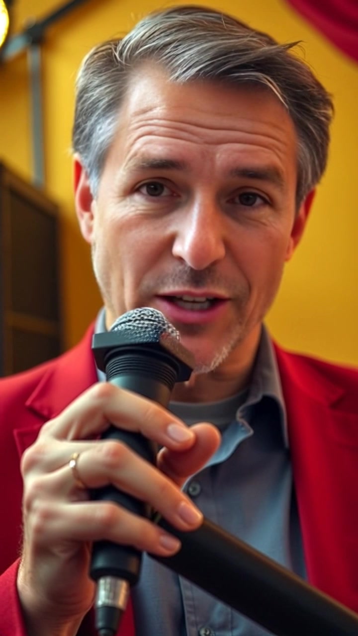 Subject: A person holding a microphone with a questioning expression. Subject movement: The person tilts their head slightly while speaking engagingly into the microphone. Scene: A well-lit recording studio filled with sound equipment and soft acoustic panels. Lighting: Bright, focused studio lights illuminating the subject's face, creating a lively atmosphere. Motion: Camera performs a subtle push-in to capture the subject's expression more intimately, emphasizing the connection with the audience.