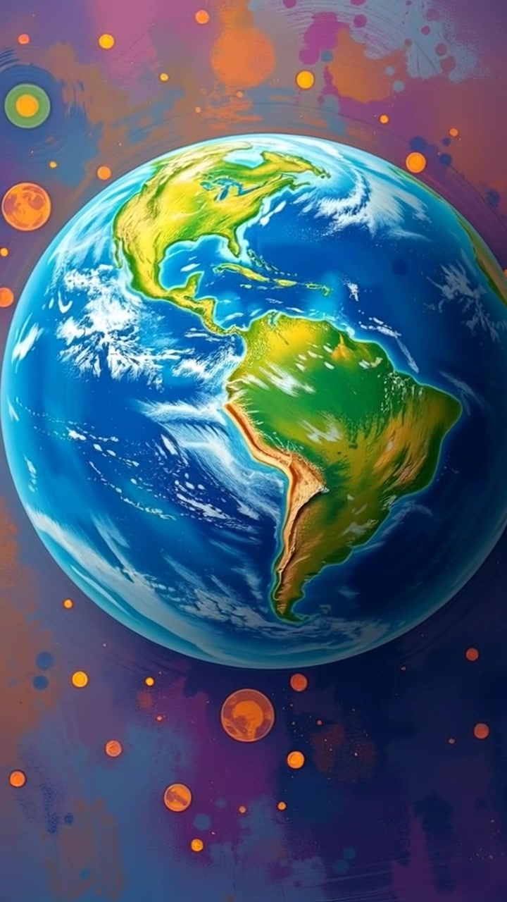 Scene: A breathtaking view of Earth from space, capturing its vibrant blue oceans and lush green landmasses against the black void of space. Style: The shot is illuminated by distant sunlight, creating a stunning contrast that brings out the vivid colors of the planet. Motion: The camera slowly rotates around the Earth, providing a sweeping vista that showcases its beauty, with a smooth transition that accentuates the curvature of the planet.