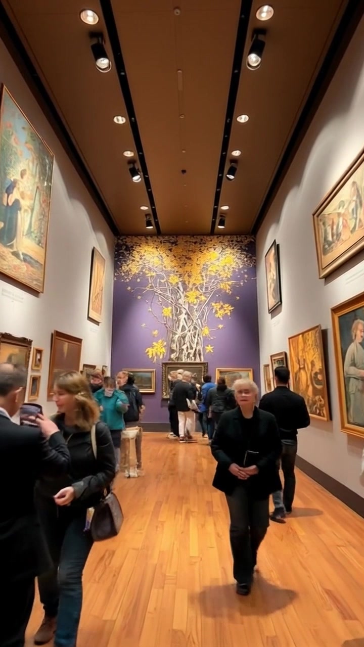 Scene: A vibrant art gallery bustling with visitors admiring a variety of artworks displayed on the walls. Style: Bright, natural lighting enhances the colors and details of the art pieces, creating an inviting atmosphere. Motion: The camera glides smoothly through the gallery, weaving in and out among groups of visitors, capturing their reactions and the creativity surrounding them.