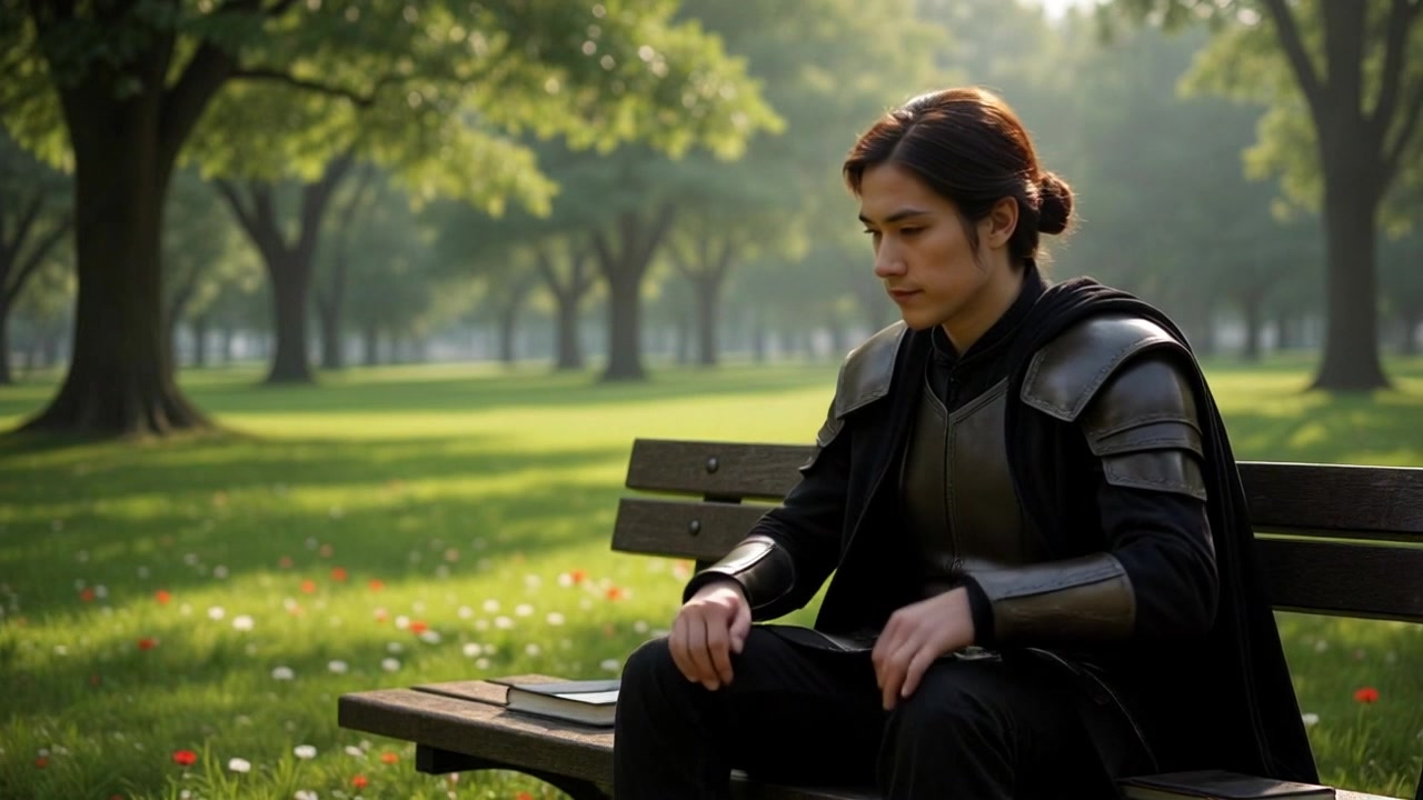 Subject: A young person in dark armor and cape. Subject movement: The young person rises from the park bench and walks confidently through the sunlit park, gazing at the flowers and trees around. Scene: A vibrant green park filled with scattered flowers, large trees creating a serene backdrop. Style: Warm, golden sunlight filtering through the leaves, creating dappled patterns on the path. Motion: The camera follows the young person from a low angle, capturing their movement through the lush environment as they stroll with purpose, emphasizing the beauty of the surroundings.