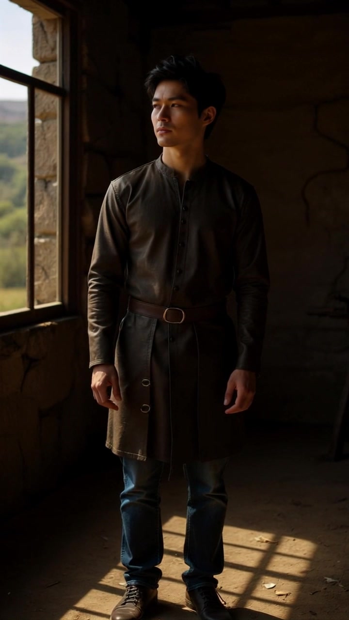 Subject: A young man standing indoors. Subject movement: The young man shifts slightly, adjusting his stance while looking thoughtfully towards the window. Scene: Indoor setting with a stone window, soft natural light illuminating the man and casting delicate shadows on the floor. Style: Warm, inviting lighting accentuating the textures of the stone and the man's attire. Motion: The camera gently pushes in, focusing on the man's contemplative expression, then pans out to showcase the beauty of the stone architecture around him.