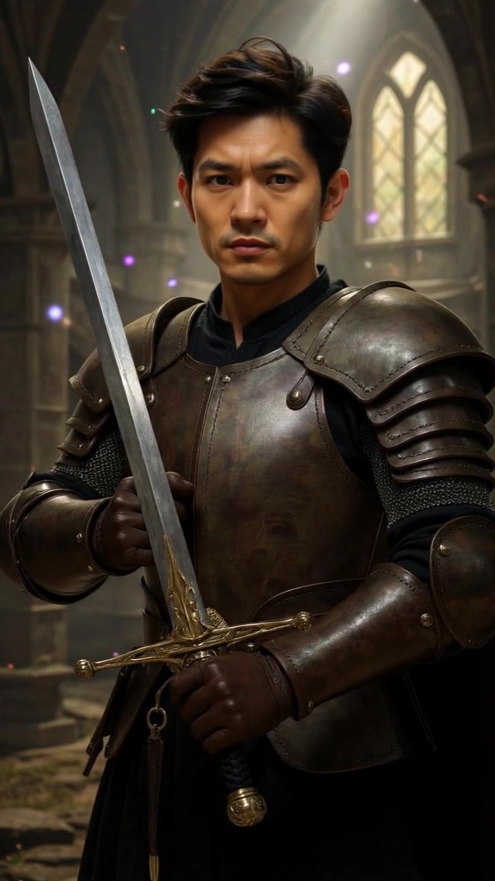 Subject: A focused hand gripping a sword tightly, expressing determination. Scene: A close-up view of the hand, with intricate details of the sword's hilt in a dimly lit environment, suggesting an impending confrontation. Motion: The camera slowly zooms in on the hand, emphasizing the tension in the grip as subtle light glints off the blade, enhancing the atmosphere of anticipation.