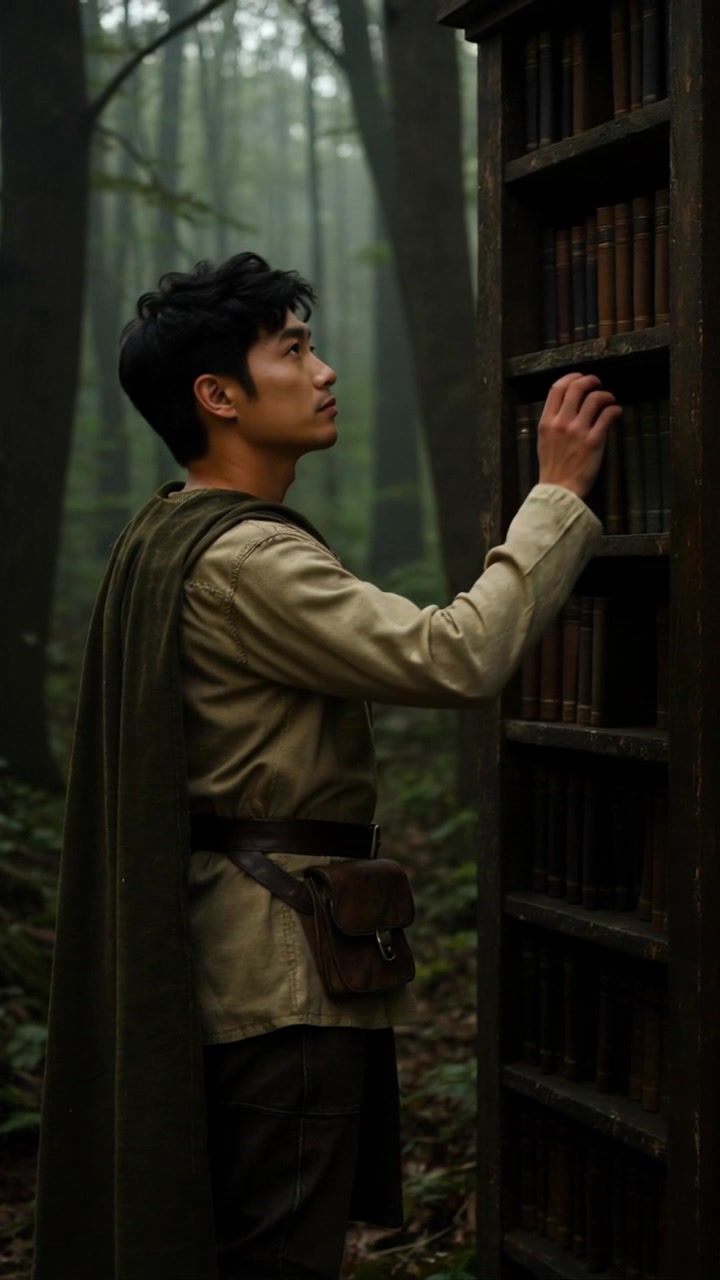 Subject: A young man dressed in medieval-style clothing with a green cape. Subject movement: He reaches upward towards a tall wooden bookshelf filled with old books in a misty forest. Scene: The ethereal, misty forest is alive with soft light filtered through the trees, creating an enchanting atmosphere. Style: Diffused morning light illuminates the scene, enhancing the mystery of the surroundings. Motion: The camera gently pushes in to capture the man's outstretched hand reaching for the books, while the mist swirls around him, adding to the dreamlike quality.
