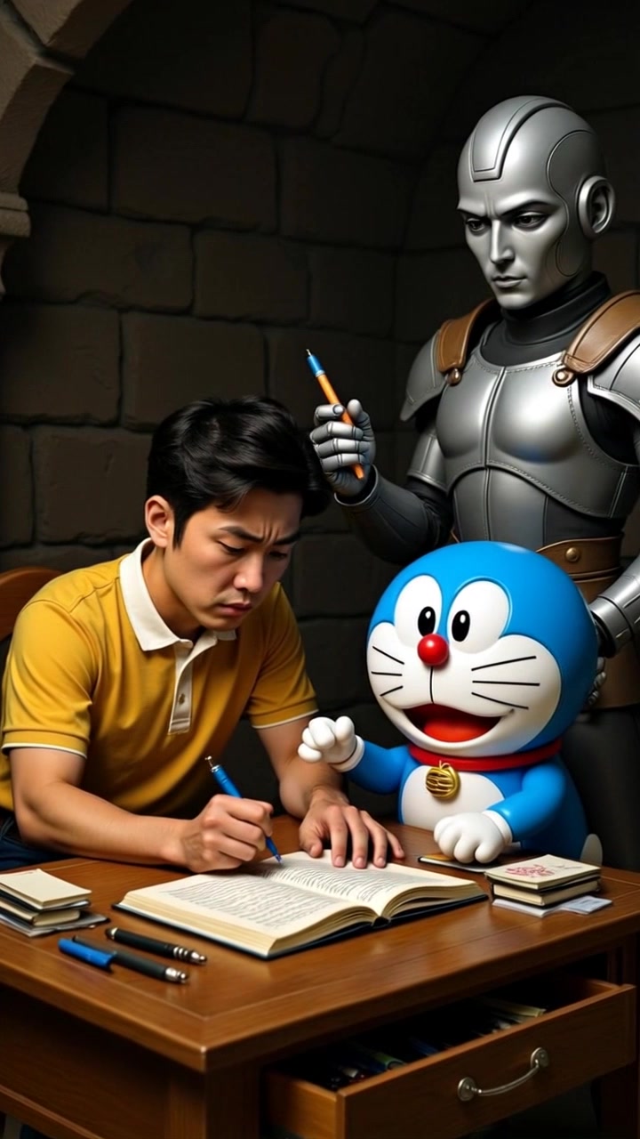 Subject: A young man in a yellow polo shirt, focused on writing in a book at a wooden desk. Subject movement: He writes with steady, deliberate strokes, occasionally glancing at the blue cartoon robot cat and the silver humanoid robot beside him. Scene: Cozy study room filled with warm wooden tones and soft ambient lighting, creating an inviting atmosphere. Motion: The camera gently pushes in, capturing the details of the man's expressions and the unique characteristics of the robots, blurring slightly to emphasize the warmth of the scene.