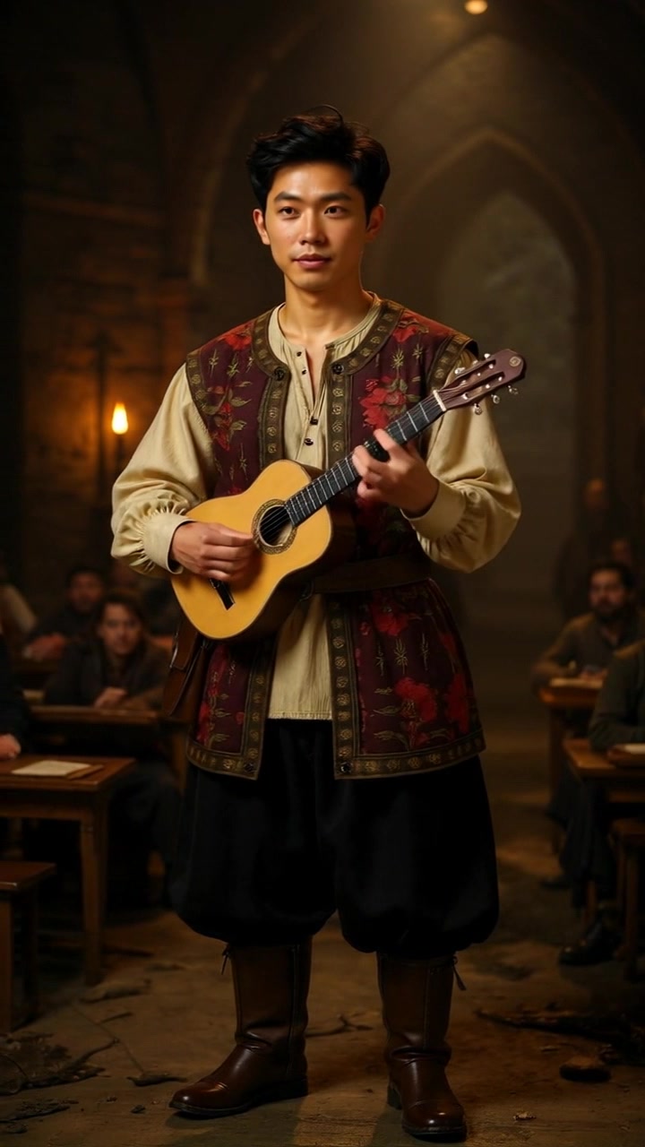 Subject: A musician passionately performing on stage with a lute. Subject movement: He strums the lute with vibrant energy, his body swaying in rhythm with the music. Scene: An intimate concert setting with a captivated audience in low light, the stage lit warmly. Style: Soft, ambient lighting casts a golden glow over the scene, enhancing the emotional atmosphere of the performance. Motion: The camera gradually pans around the stage, capturing the musician's expressive gestures and the audience's enthralled reactions.