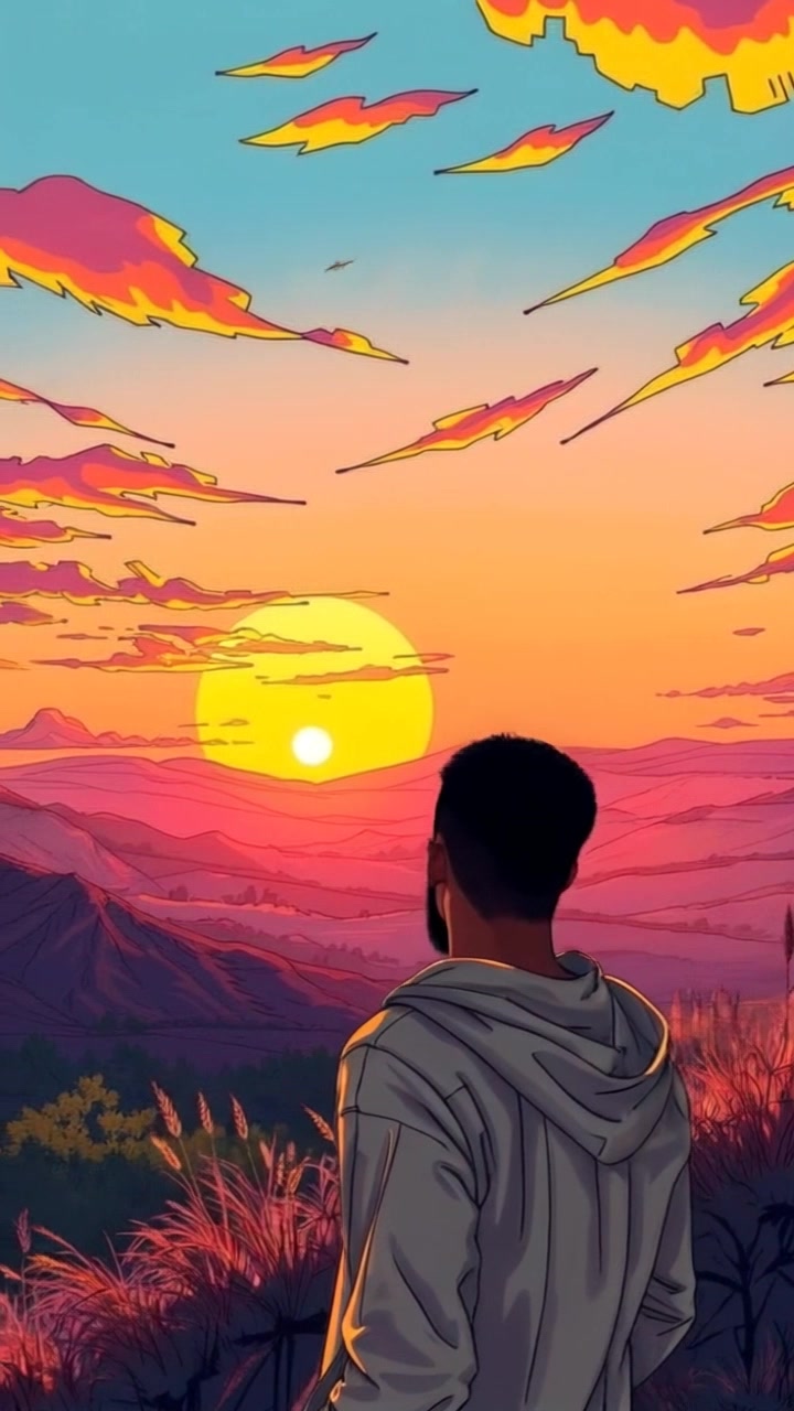 Subject: A person standing on a hilltop, gazing over a breathtaking sunset landscape. Subject movement: The person remains still, absorbing the beauty of the view. Scene: A wide shot of a hilltop overlooking a vibrant sunset with hues of orange, pink, and purple illuminating the sky. Style: The lighting is warm and serene, capturing the essence of the golden hour. Motion: The camera slowly dollies out, revealing more of the expansive landscape as the sun dips below the horizon, creating a tranquil and reflective atmosphere.