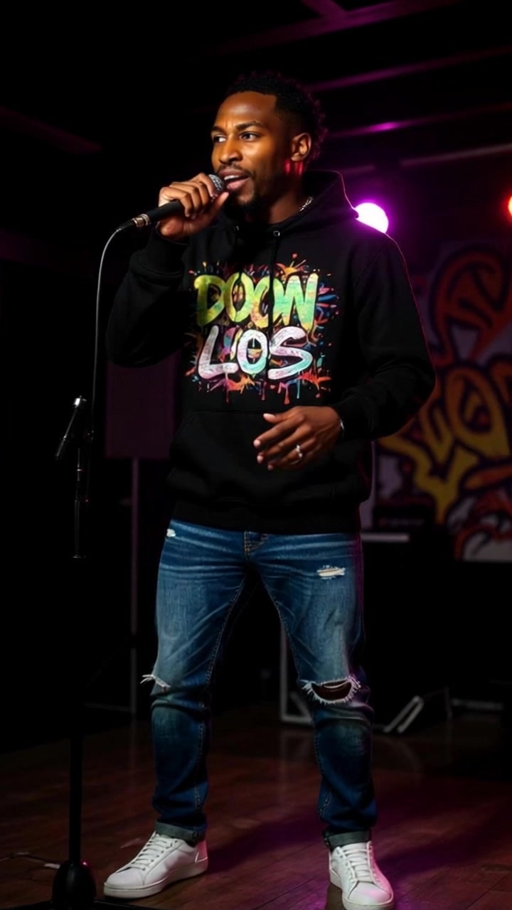 Subject: A young man passionately singing into a microphone on stage. Subject movement: He sways gently while belting out lyrics, engaging with the audience. Scene: A vibrant stage illuminated by purple and orange spotlights, contrasting against the dim background. Lighting: Dramatic, colorful stage lighting accentuating the energy of the performance. Motion: A handheld camera follows his movements, dynamically tracking his interaction with the crowd as he steps forward, engaging them with his performance.