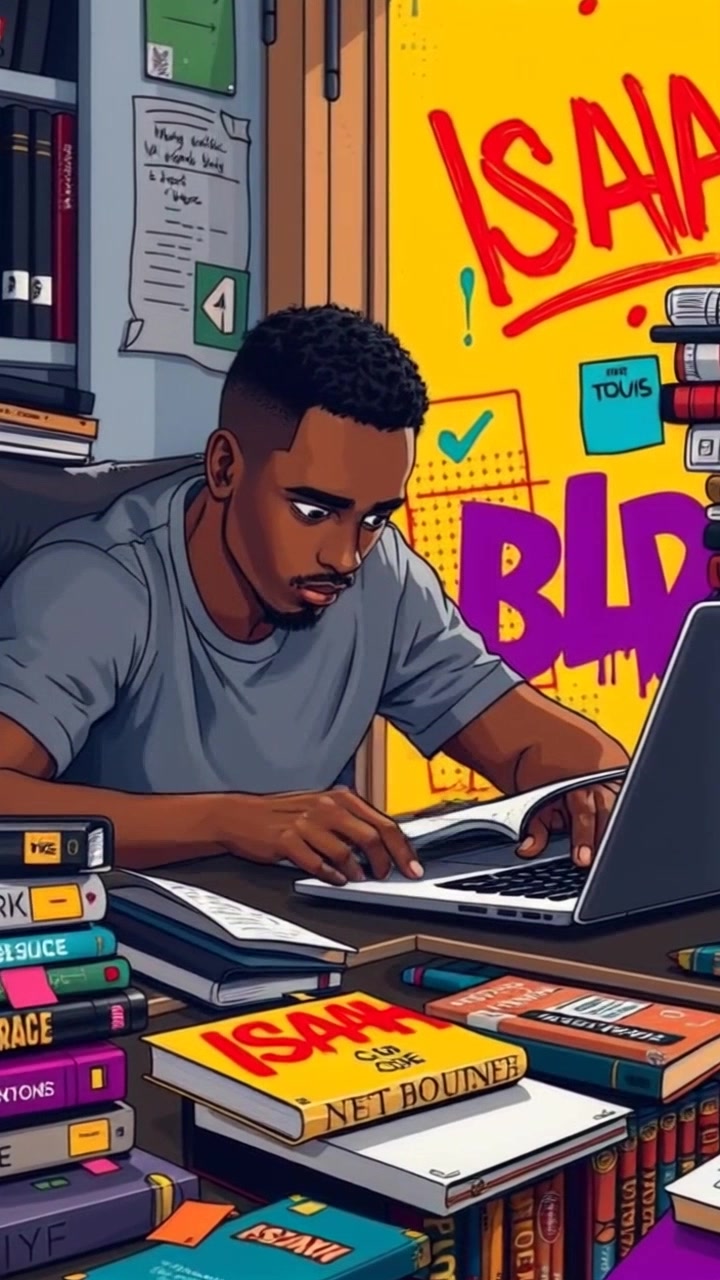 Scene: A cluttered study desk filled with books, stationery, and a laptop, creating a sense of academic hustle. Style: Warm, ambient lighting brightens the scene, enhancing the texture of the wooden desk and the vibrant colors of the books. Motion: The camera pushes in slowly to capture the details of the desk and Isaiah's focused expression, creating an intimate atmosphere as he turns a page in one of the books.