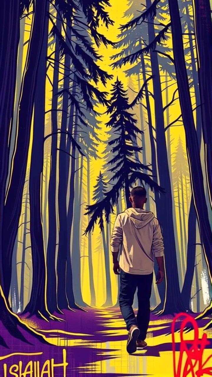 Subject: A young man walking along a narrow path through a dense forest with tall trees. Subject movement: He strides forward, his footsteps echoing softly against the forest floor. Scene: Lush green forest teeming with life, dappled sunlight filtering through the leaves, creating dynamic patterns on the ground. Style: Ambient lighting, with a slightly misty atmosphere enhancing the sense of tranquility. Motion: The camera follows closely behind, smoothly tracking the young man as he walks deeper into the woods, bringing the surrounding foliage into focus.