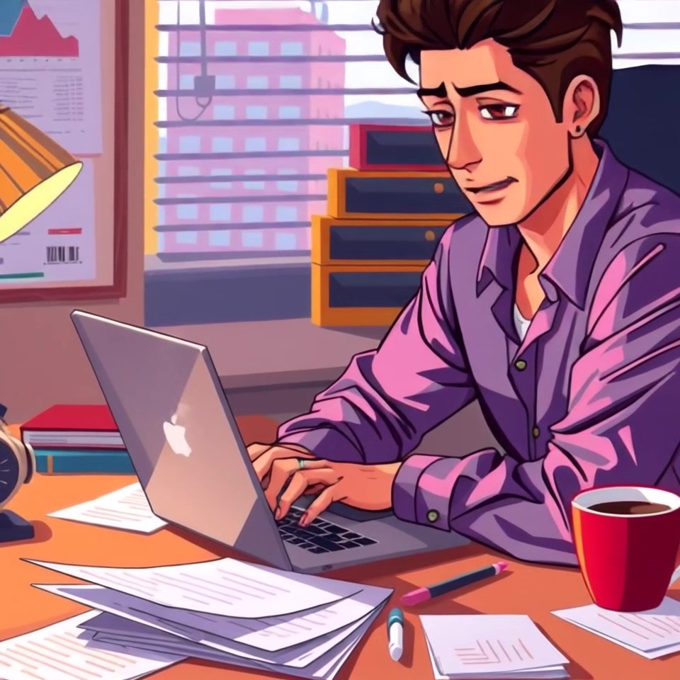 Scene: A cozy office with a desk cluttered with papers, a laptop glowing softly, and a steaming cup of coffee nearby. Style: Warm, inviting lighting that casts gentle shadows across the desk, creating a comfortable atmosphere. Motion: The camera gently pushes in on the desk, focusing on the laptop screen as it begins to show signs of activity, while the coffee cup emits rising steam.