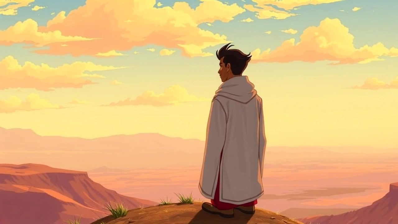 Subject: The Amir standing atop a hill. Subject movement: He gazes thoughtfully across the vast landscape, hands resting at his sides, gently shifting his weight. Scene: A sweeping view from a hilltop, showcasing rolling hills and an expansive sky above. Style: Warm, golden-hour lighting enhances the drama of the scene, casting long shadows. Motion: Camera slowly zooms in on the Amir as he contemplates the landscape, subtly panning to reveal the beauty of the surrounding terrain.