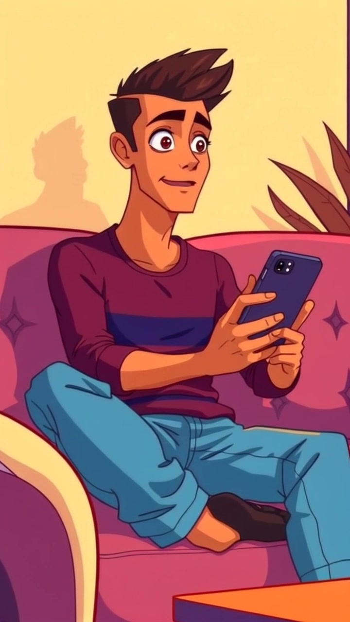 Subject: A young man sitting on a couch, holding a smartphone with a hopeful expression. Subject movement: He leans forward slightly, swiping through options on the screen with a look of contemplation. Scene: Cozy living room with soft, inviting decor and warm lighting, making the atmosphere feel uplifting. Motion: The camera performs a gentle push-in towards the subject, capturing his thoughtful demeanor as the background slightly blurs, enhancing focus on his hopeful gaze.