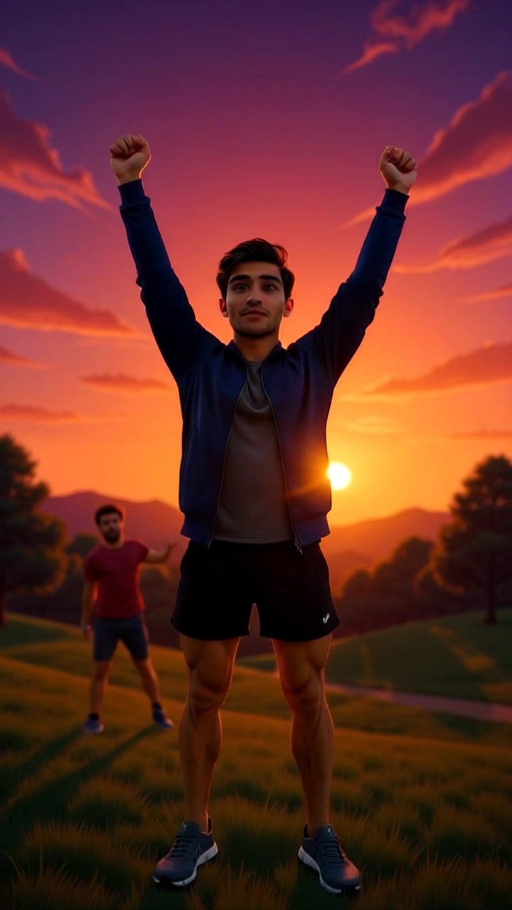 Subject: A figure standing on a hilltop, triumphantly raising arms towards a vibrant sunset. Subject Movement: The figure's arms rise dramatically as they bask in the glow of the setting sun. Scene: A panoramic view from the hilltop, with the landscape stretching out in the background and the sun dipping below the horizon. Lighting: Warm sunset light casting soft shadows and glowing hues in the sky. Camera: A wide-angle shot that slowly pushes in to capture the figure's elation, revealing the expansive beauty of the sunset-filled sky.