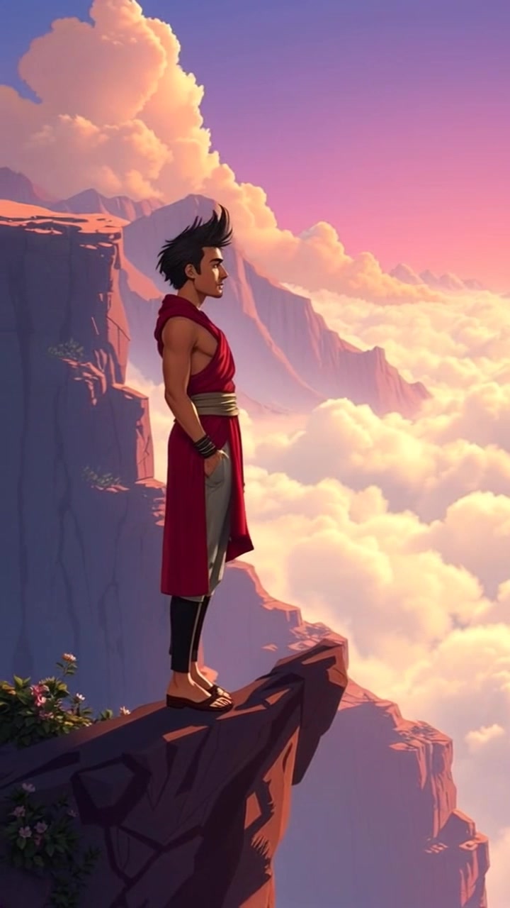 Subject: The Amir standing tall on a cliff edge. Scene: A breathtaking view of a deep valley filled with clouds stretching below, illuminated by the soft morning light. Motion: The camera performs a dramatic panning shot, starting from the valley and sweeping upwards to reveal the Amir at the cliff's edge, with a warm, inviting atmosphere enhancing the majestic scenery.