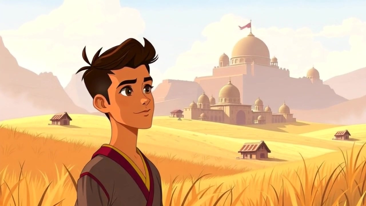Subject: A person standing in a field, gazing thoughtfully over their village. Scene: A sweeping view of a vibrant green field, with a small village nestled in the distance under a clear blue sky. Motion: The camera slowly cranes upward from a low angle, capturing the person's contemplative expression while revealing the expansive landscape, bathed in warm afternoon light, creating an inviting atmosphere.