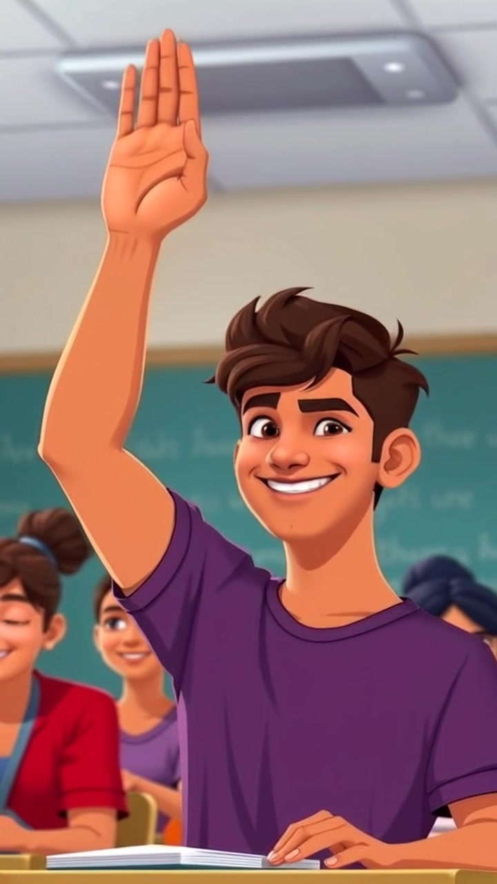 Subject: Amir proudly raising his hand in the air while classmates watch with smiles. Subject movement: Amir's hand is lifted confidently, and his expression radiates joy. Scene: A bright and lively classroom filled with engaged classmates, some looking at Amir approvingly. Style: Soft, natural lighting illuminating the faces and vibrant decorations in the background. Motion: A subtle push-in shot towards Amir as he raises his hand, capturing the warmth and excitement in the atmosphere.