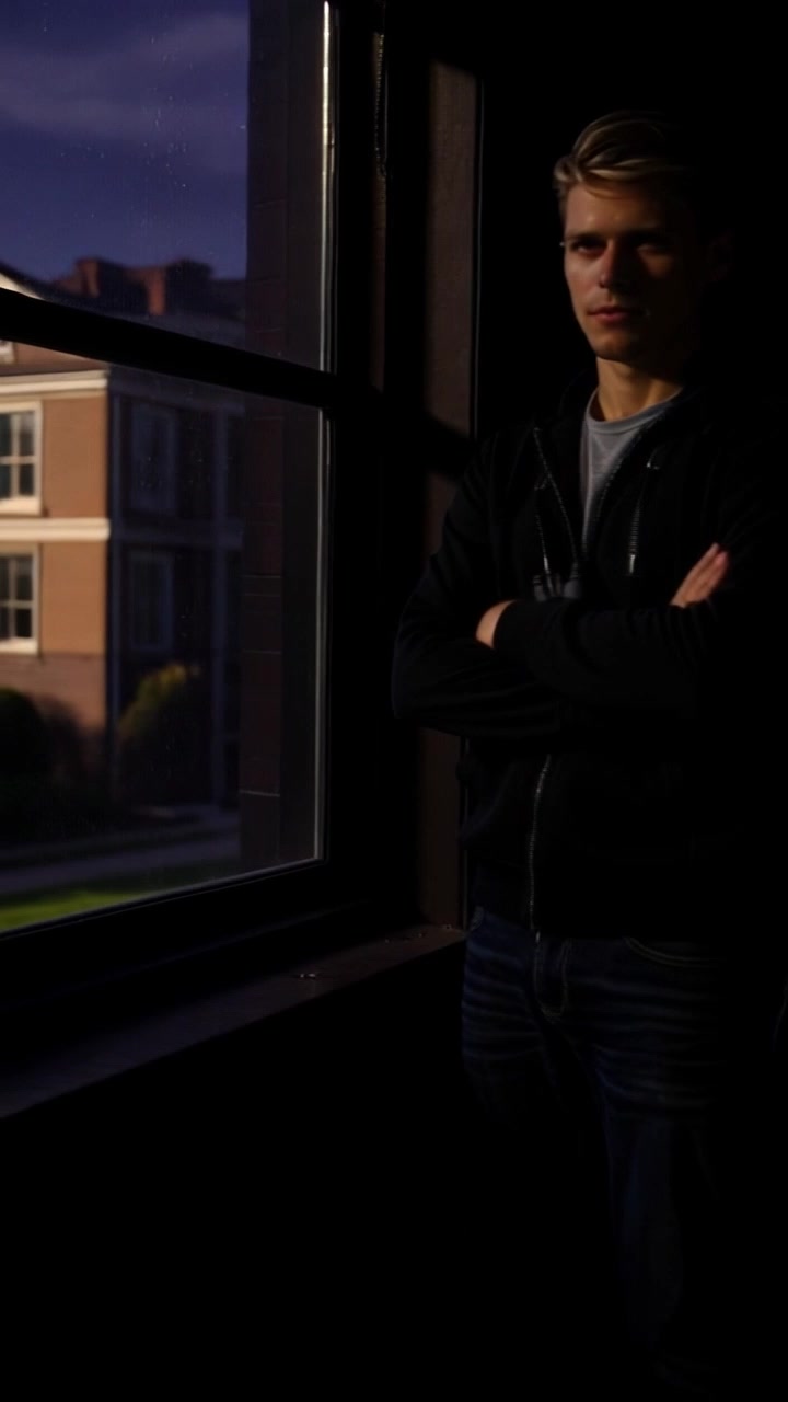 Subject: A man standing in front of his house, glancing suspiciously at the neighboring house across the street. Subject movement: The man shifts his weight slightly, focusing his gaze intently. Scene: A residential neighborhood with neatly trimmed lawns and modest homes, set against a clear blue sky. Lighting: Bright afternoon light casting defined shadows. Motion: The camera begins with a close-up of the man's face and gradually panning out to reveal the surrounding neighborhood, emphasizing his tension and the mystery of the neighboring house.