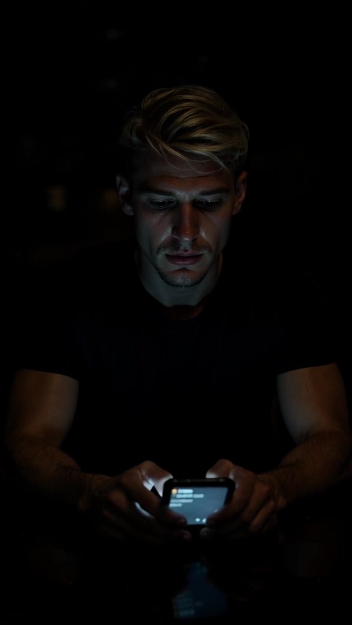 Subject: A young man with blond hair, illuminated by the glow of his smartphone. Subject movement: He gazes intently at the screen, his expression serious. Scene: A dark, minimalist background focusing attention on the man's expression and the smartphone's light. Style: Dramatic low-key lighting accentuating shadows and highlights on his features. Motion: The camera slowly pushes in from the side, capturing the intensity of his gaze as the glow from the phone creates a halo effect.
